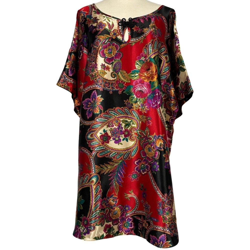 Adonna Paisley Floral Satin Caftan Dress‎ Tunic Boho Womens Large